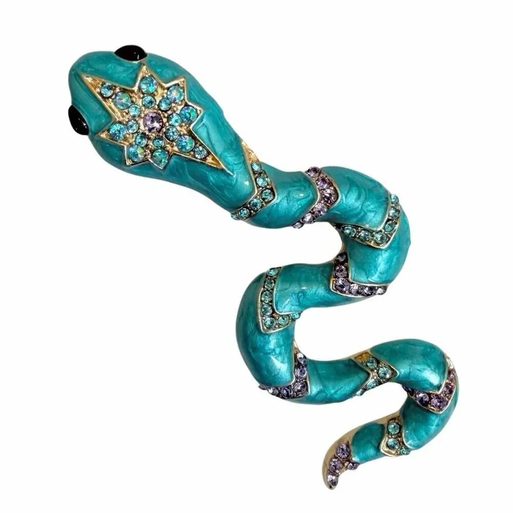 Turquoise Enamel Snake Brooch – Rhinestone Statement Serpent Pin